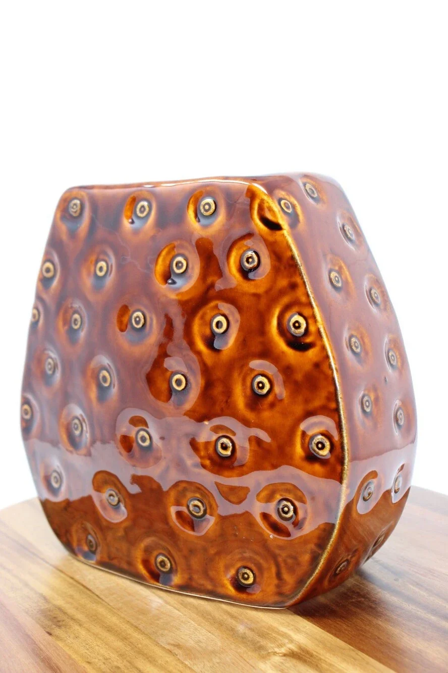 Mid Century Modern Brown Ceramic Circle Vase Dimpled Bullseye Studio Art Pottery